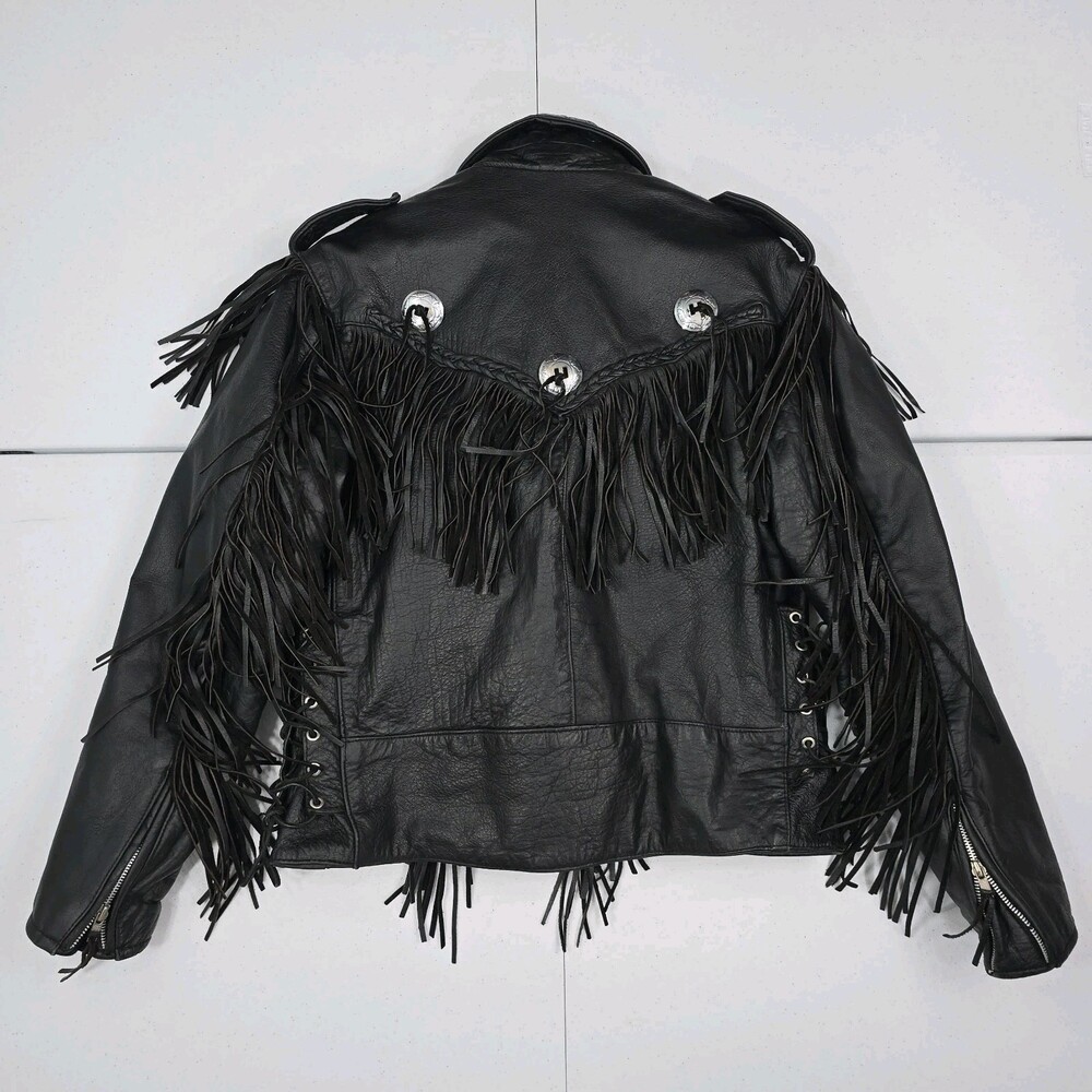 Vintage Unik Leather Jacket Men 46 Black Thermal Lined Biker Moto Concho Fringe